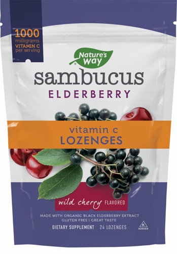 Таблетки Sambucus с витамином С и ягодами бузины, со вкусом дикой вишни, 24 пастилки Nature's Way