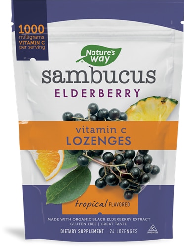 Таблетки Sambucus с витамином С и ягодами бузины, тропический вкус, 24 пастилки Nature's Way