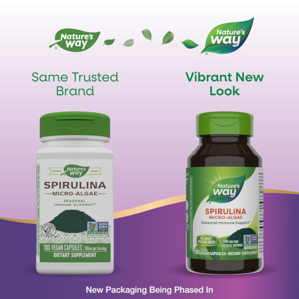 Spirulina - Micro-Algae - Vitamin A -- 760 mg Per 2-Capsule Serving (Порция) - 100 Vegan Capsules (Веганские капсулы) Nature's Way