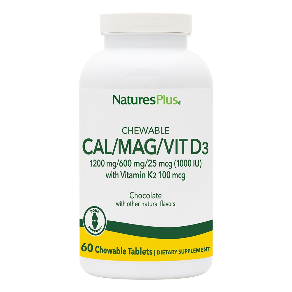 Chewable Cal Mag Vitamin D3 with Vitamin K2 Chocolate -- 60 Chewable Tablets (Жевательные таблетки) NaturesPlus