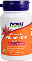 Витамин D-3, Жевательные таблетки, Натуральный мятный вкус - 5000 МЕ - 120 жевательных таблеток - NOW Foods NOW Foods