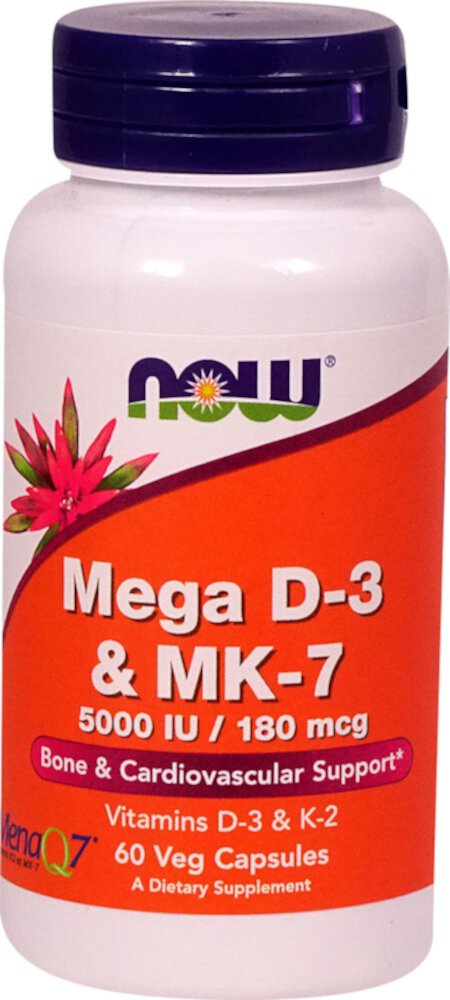 Mega D-3 & MK-7 - 5000МЕ/180 мкг - 60 растительных капсул - NOW Foods NOW Foods