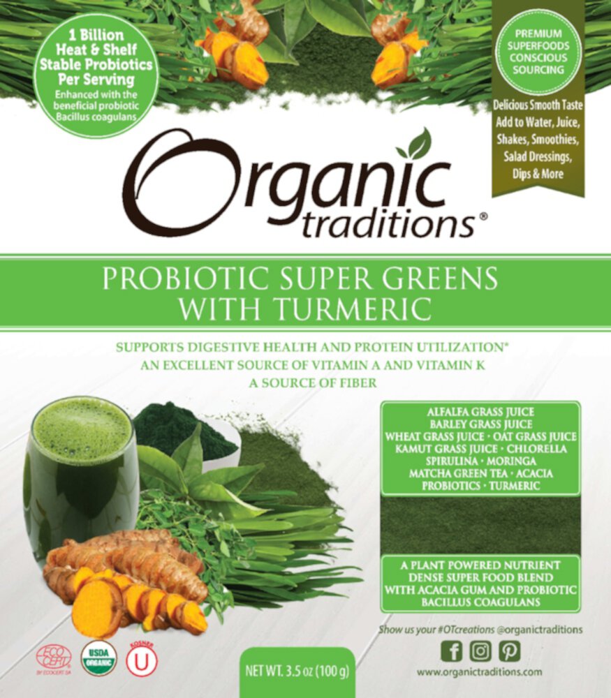 Organic Traditions Probiotic Super Greens с куркумой — 3,5 унции Organic Traditions