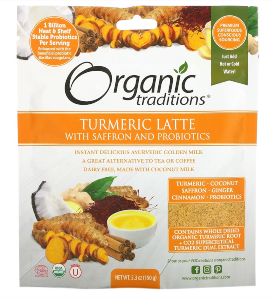 Латте с куркумой, шафраном и пробиотиками — 5,3 унции Organic Traditions