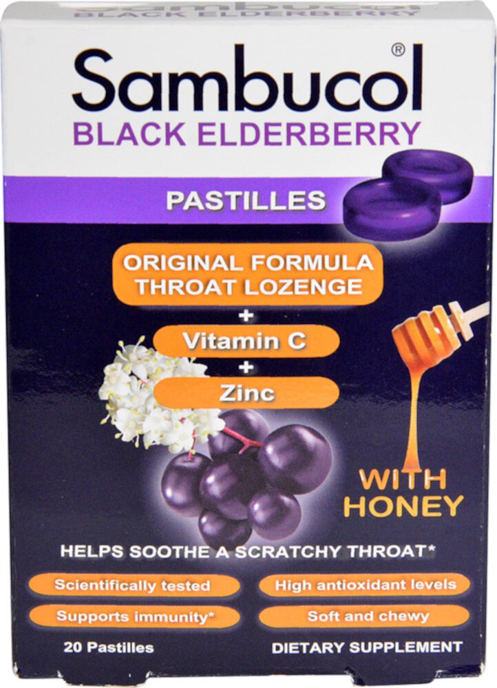 Black Elderberry Pastilles with Honey -- 20 Pastilles Sambucol