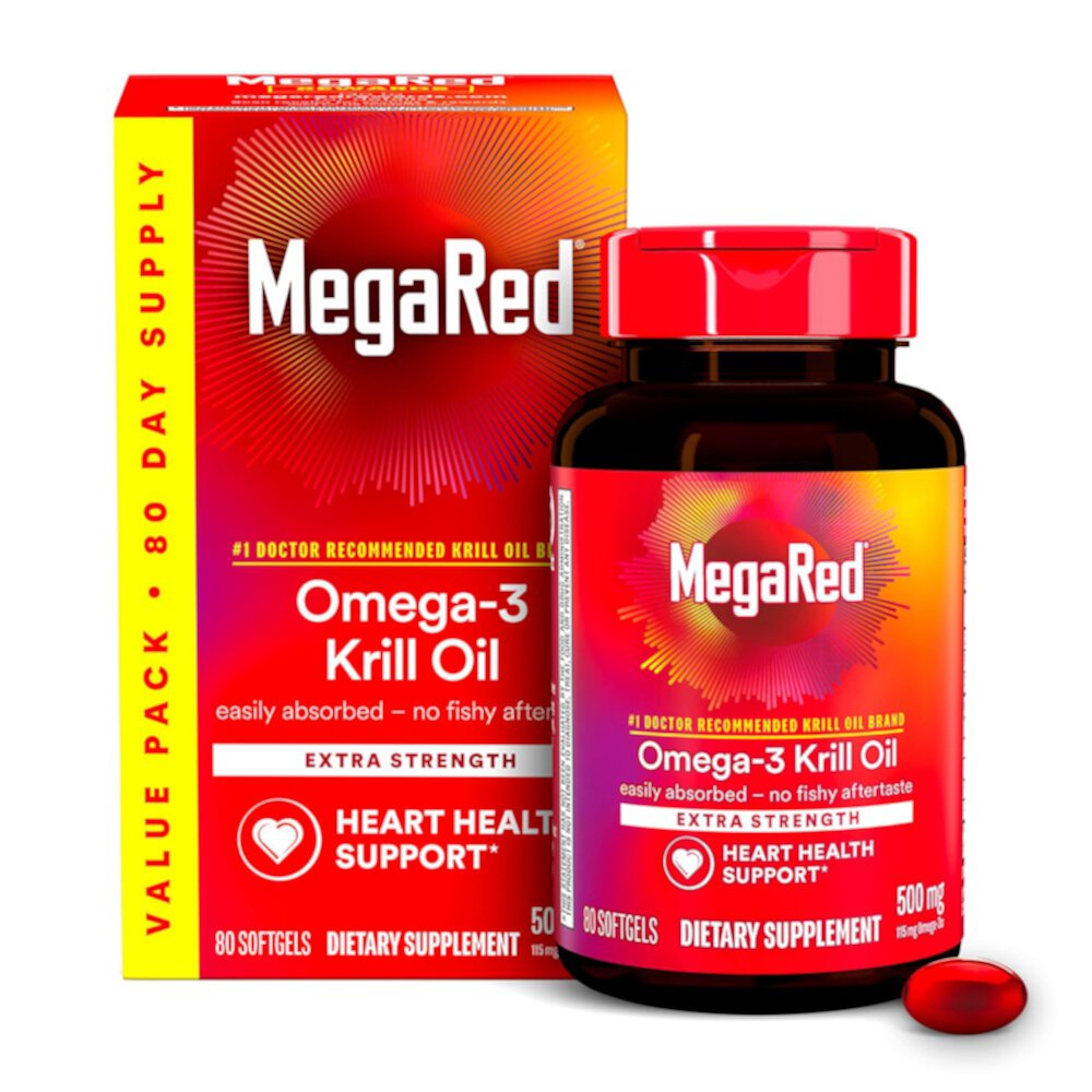 MegaRed Extra Strength Softgel Омега-3 Добавка с маслом криля, 500 мг, 80 мягких таблеток Schiff
