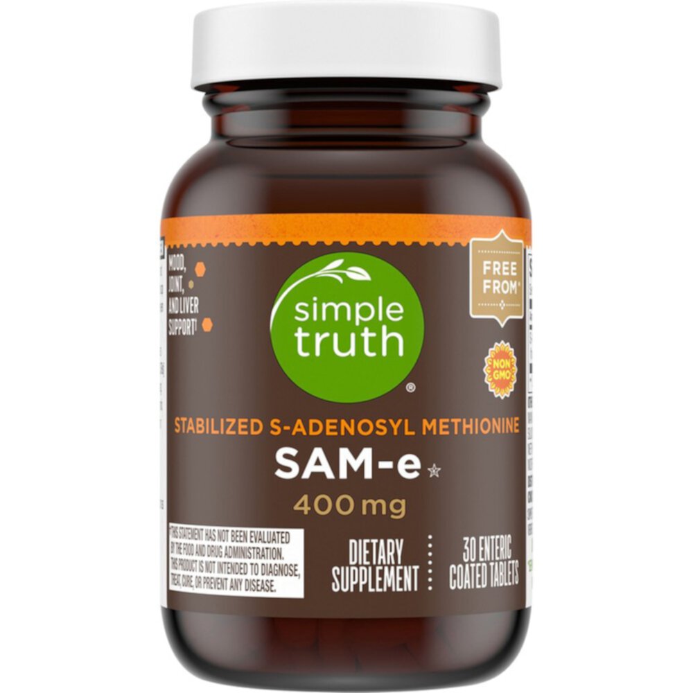 Таблетки с энтеросолюбильным покрытием SAM-e — 400 мг — 30 таблеток, покрытых кишечнорастворимой оболочкой Simple Truth