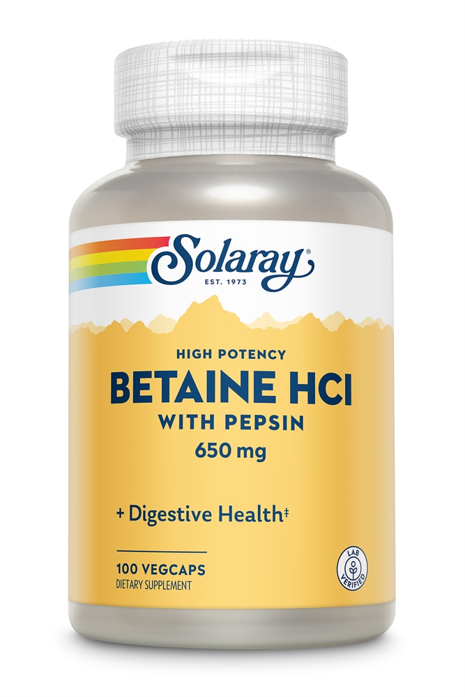 Бетаин гидрохлорид Solaray с пепсином - 650 мг - 100 растительных капсул Solaray