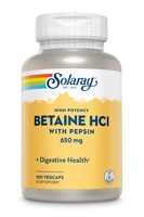 Бетаин гидрохлорид Solaray с пепсином - 650 мг - 100 растительных капсул Solaray