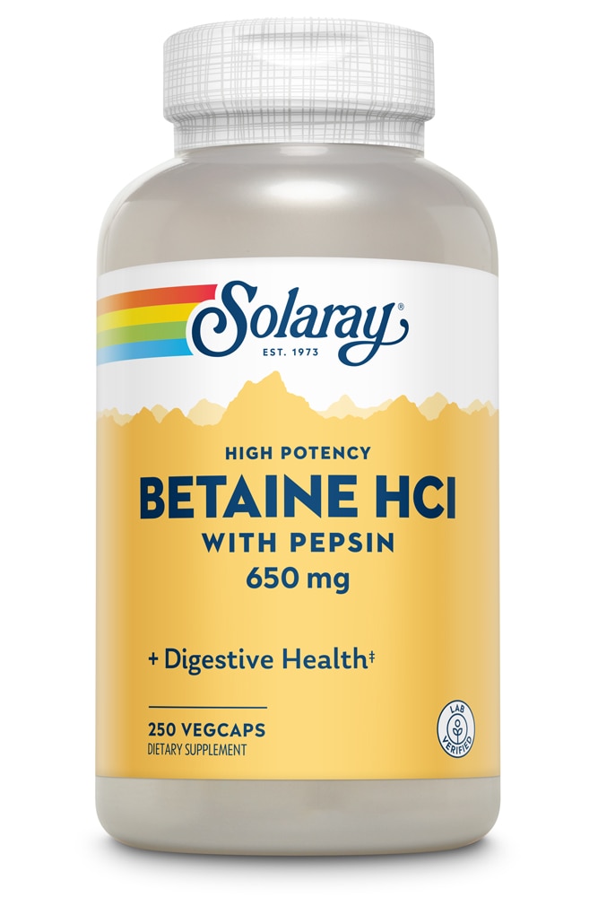 Бетаин гидрохлорид Solaray — 650 мг — 250 вегетарианских капсул Solaray