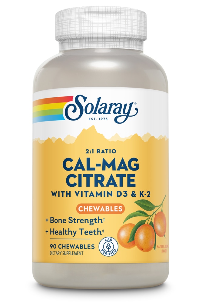 Solaray Cal-Mag Citrate с витаминами D3 и K2, натуральный апельсин — 90 жевательных таблеток Solaray