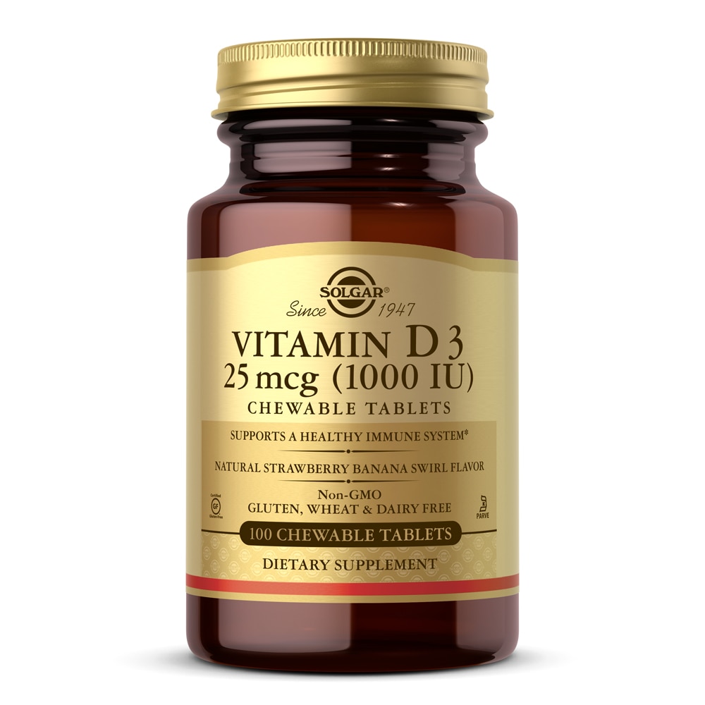 Витамин D3 Клубнично-банановый вихрь -- 1000 МЕ - 100 жевательных таблеток Solgar