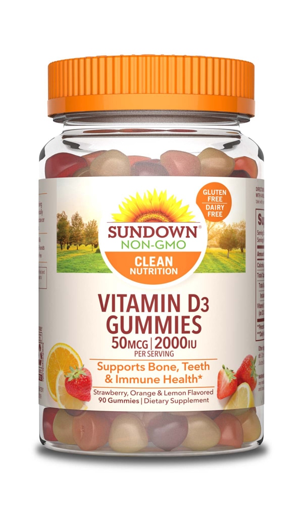 Sundown Naturals Витамин D3 со вкусом клубники, апельсина и лимона - 2000 МЕ - 90 жевательных конфет Sundown Naturals