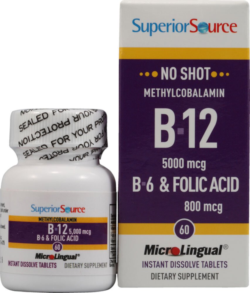 B12 (Метилкобаламин) с B6 и Фолиевой кислотой - 5000 мкг - 60 таблеток - Superior Source Superior Source