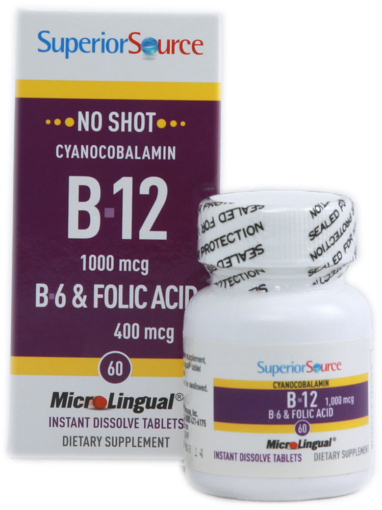 No Shot B-12 Cyanocobalamin with B6 and Folic Acid -- 1000 mcg - 60 Instant Dissolve Tablets (Таблетки) Superior Source