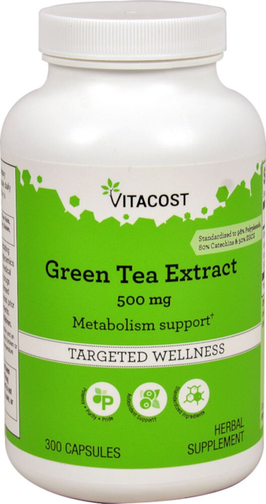 Экстракт зеленого чая Vitacost - стандартизированный - 500 мг - 300 капсул Vitacost