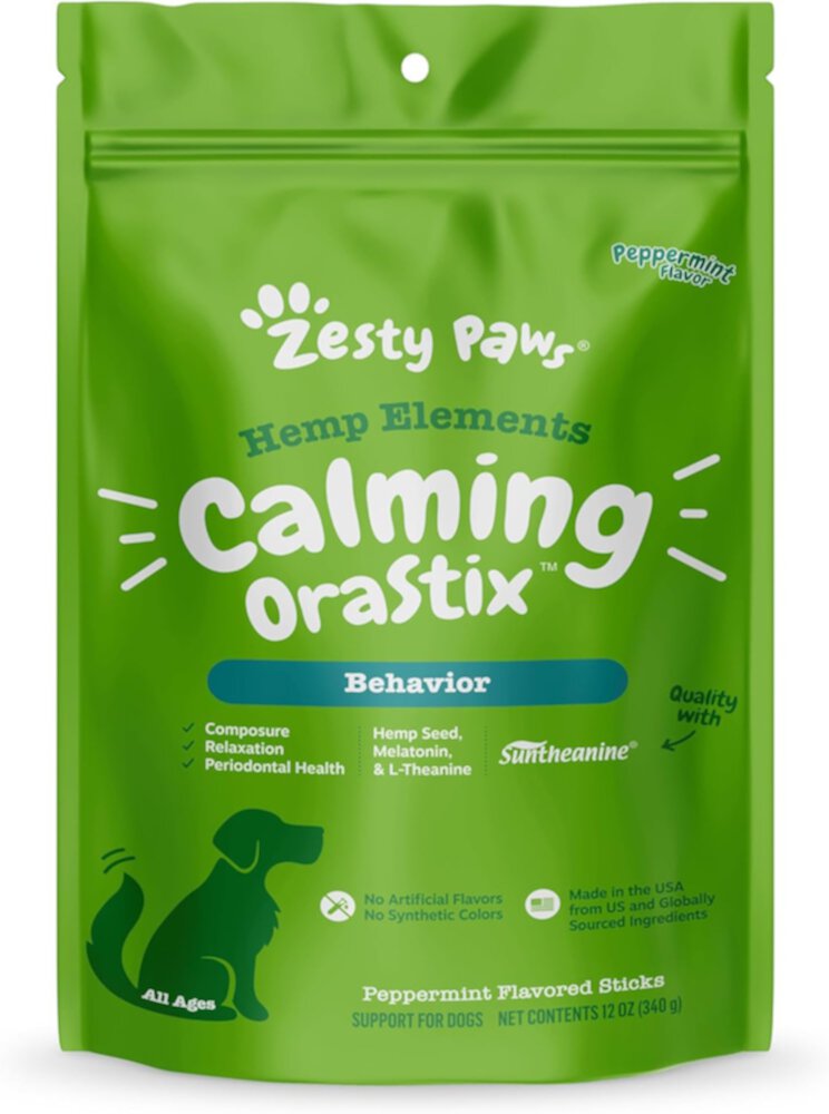 Zesty Paws Hemp Elements™ Calming OraSticks™ Перечная мята — 12 унций Zesty Paws