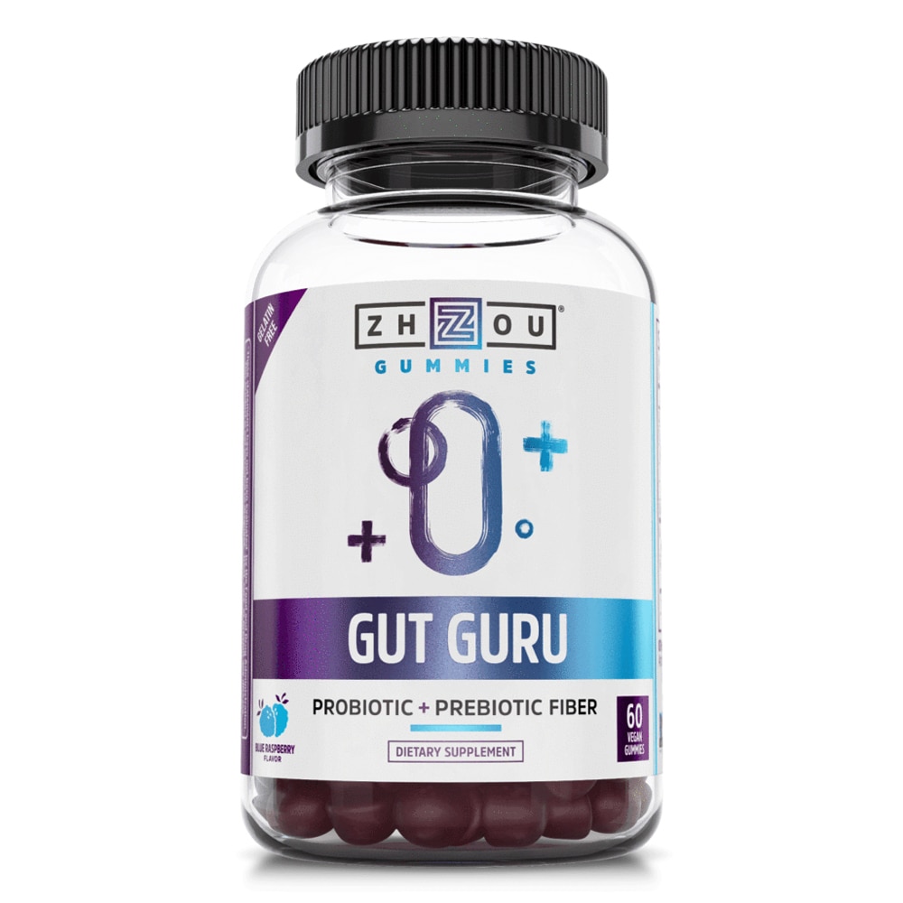 Gut Guru Пробиотик + пребиотическая клетчатка с голубой малиной — 60 веганских жевательных конфет Zhou