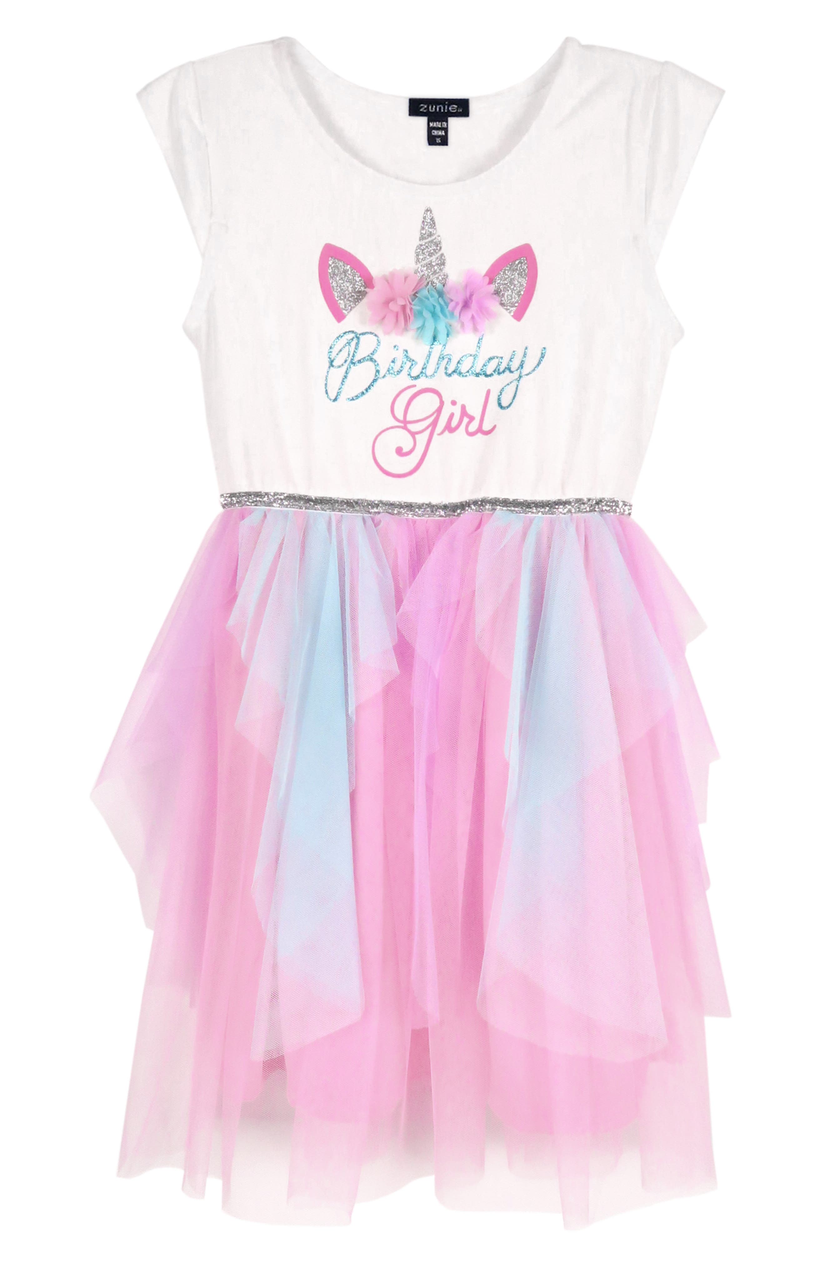 Kids' Birthday Girl Glitter Unicorn Mesh Dress Zunie