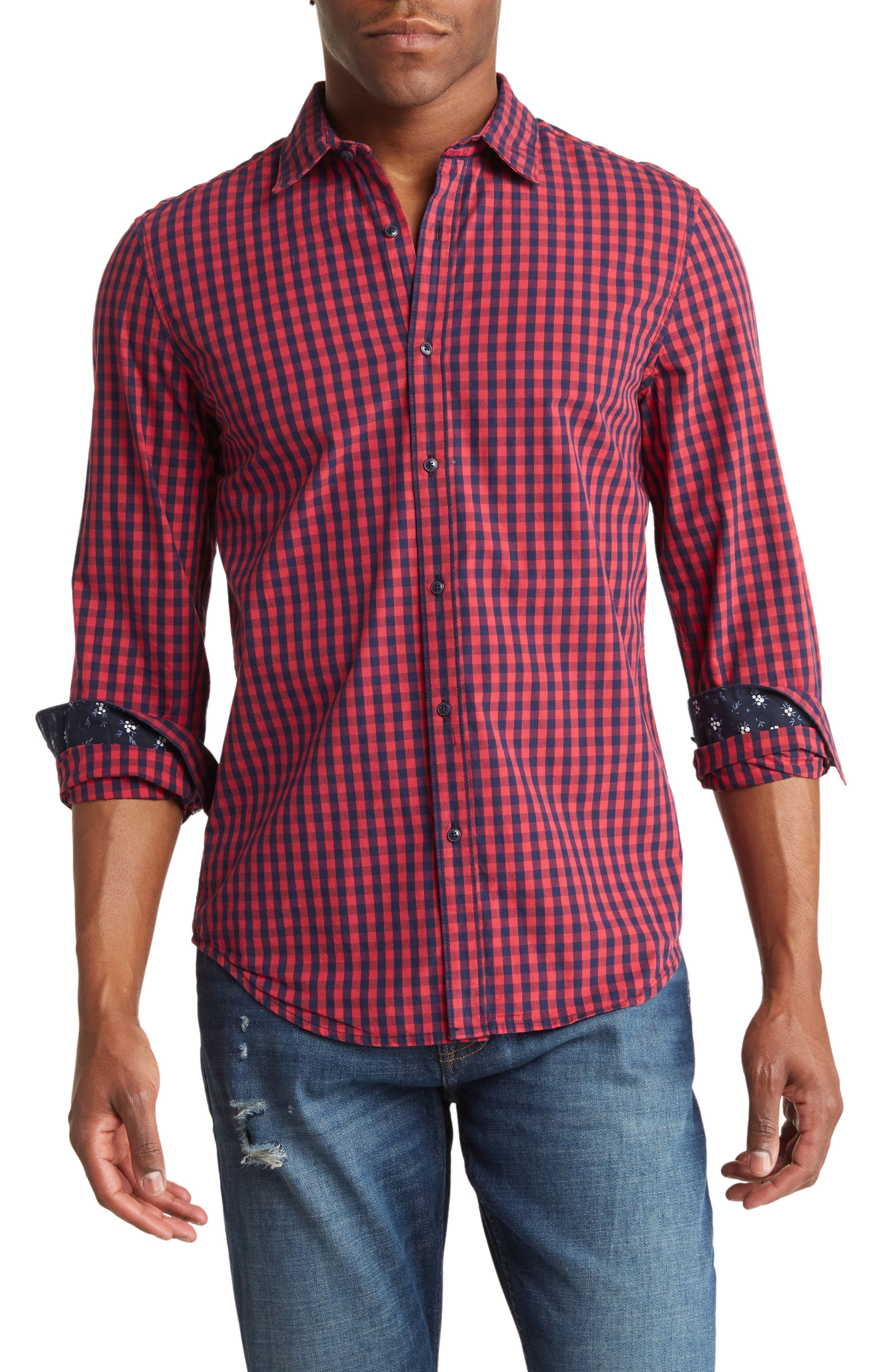 Long Sleeve Gingham Woven Button-Down Shirt DENIM AND FLOWER