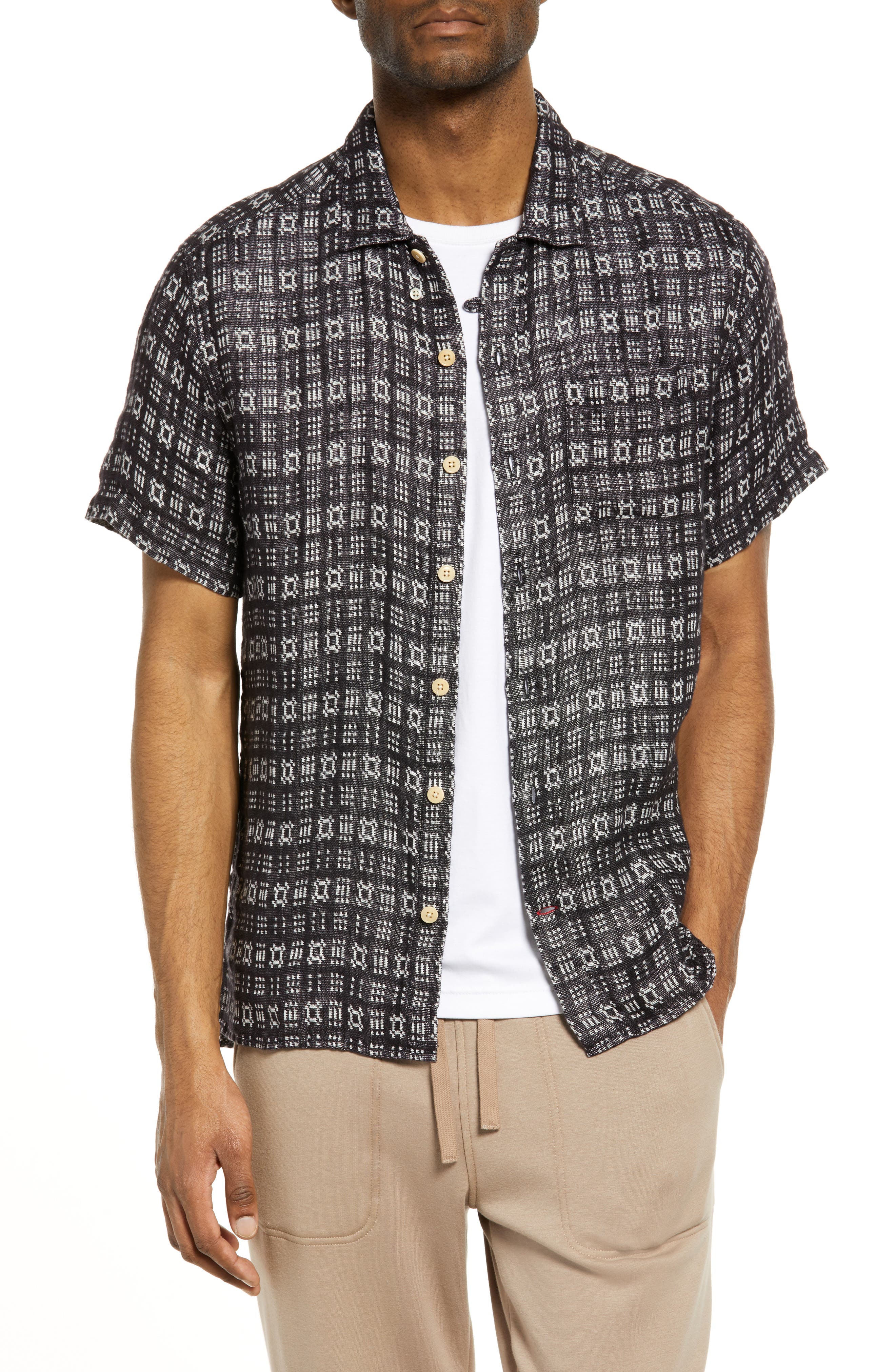 Мужская льняная рубашка на пуговицах с коротким рукавом Riviera Geo Pattern Oliver Spencer