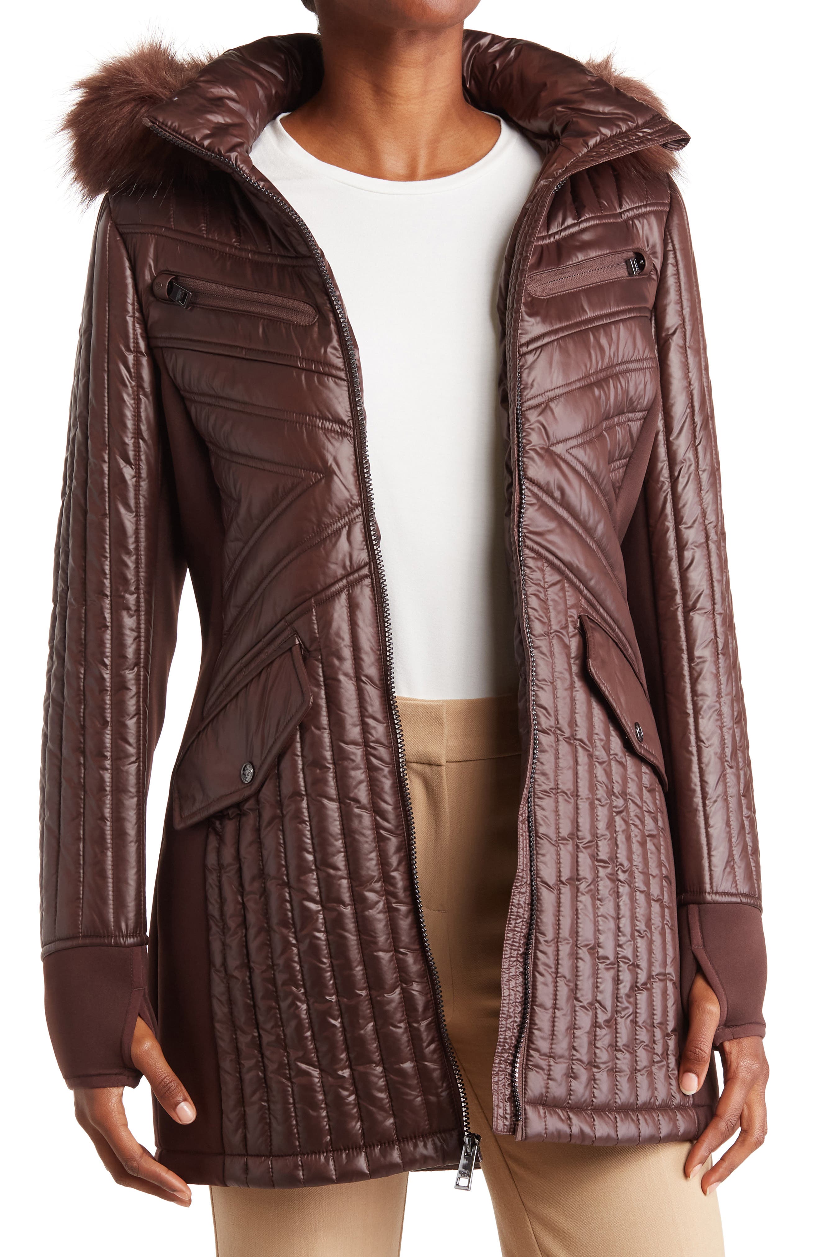 Водостойкая стеганая куртка с капюшоном и отделкой из искусственного меха Michael Kors