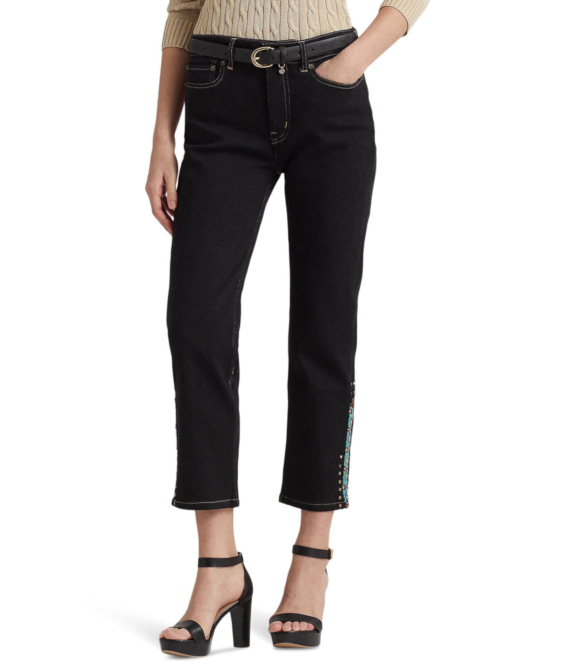 Джинсы с бисером на высокой талии линии прямых кроп-джинсов LAUREN Ralph Lauren в черном оттенке Rinse Wash LAUREN Ralph Lauren
