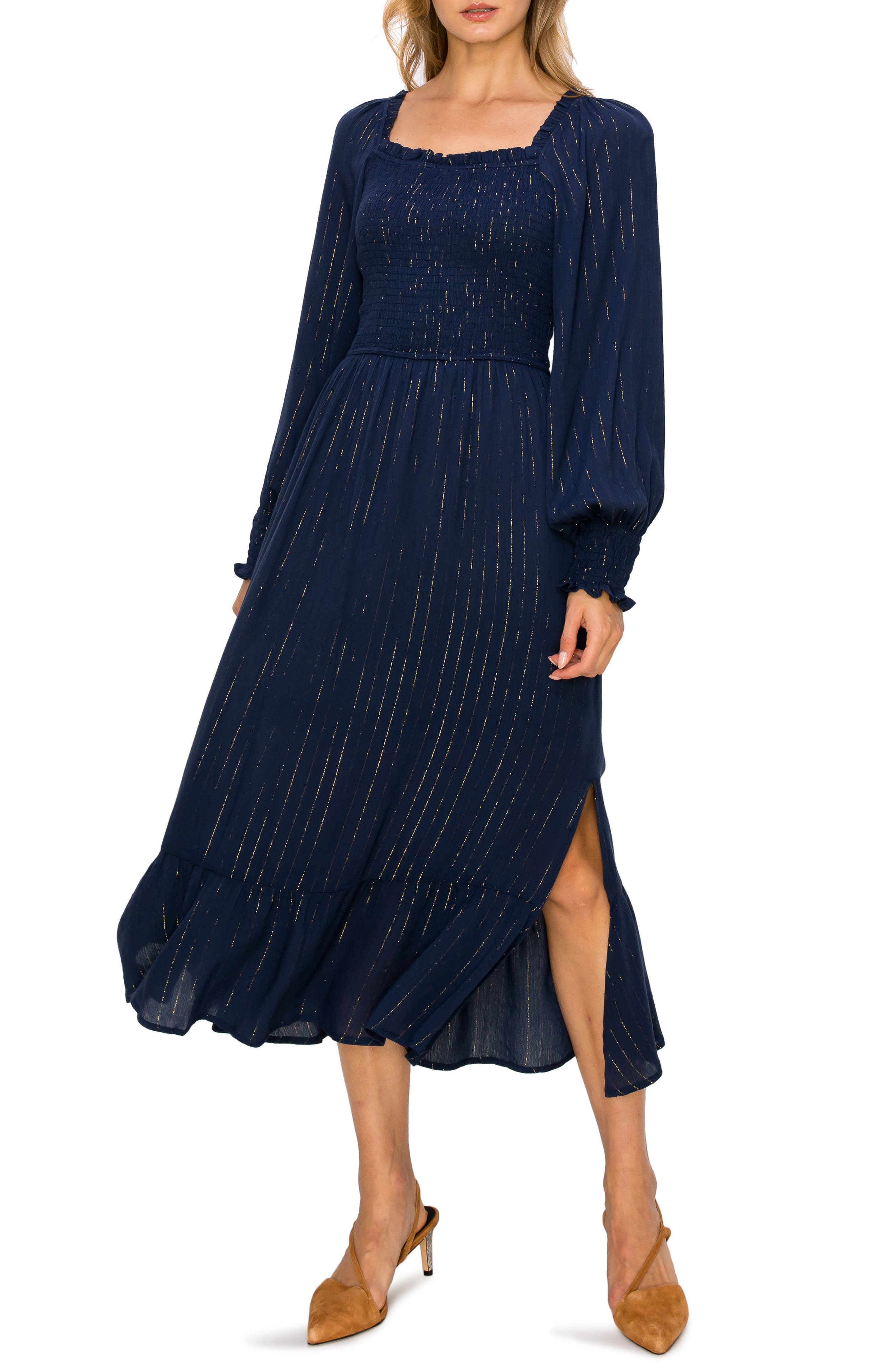 Присборенное платье миди с длинными рукавами в металлическую полоску MELLODAY