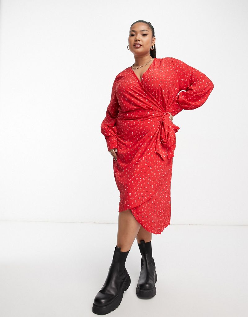 Разноцветное красное платье с запахом и длинными рукавами Glamorous Curve GLAMOROUS