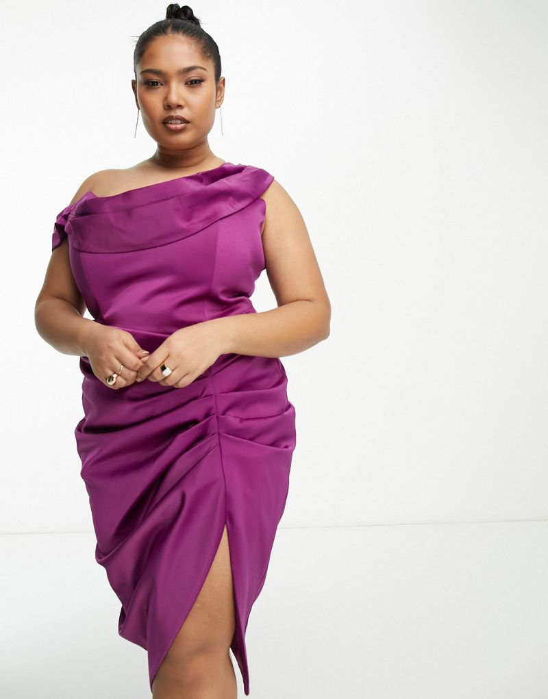 Пурпурное атласное платье мини со сборками по бокам и открытыми плечами Lavish Alice Plus LAVISH ALICE