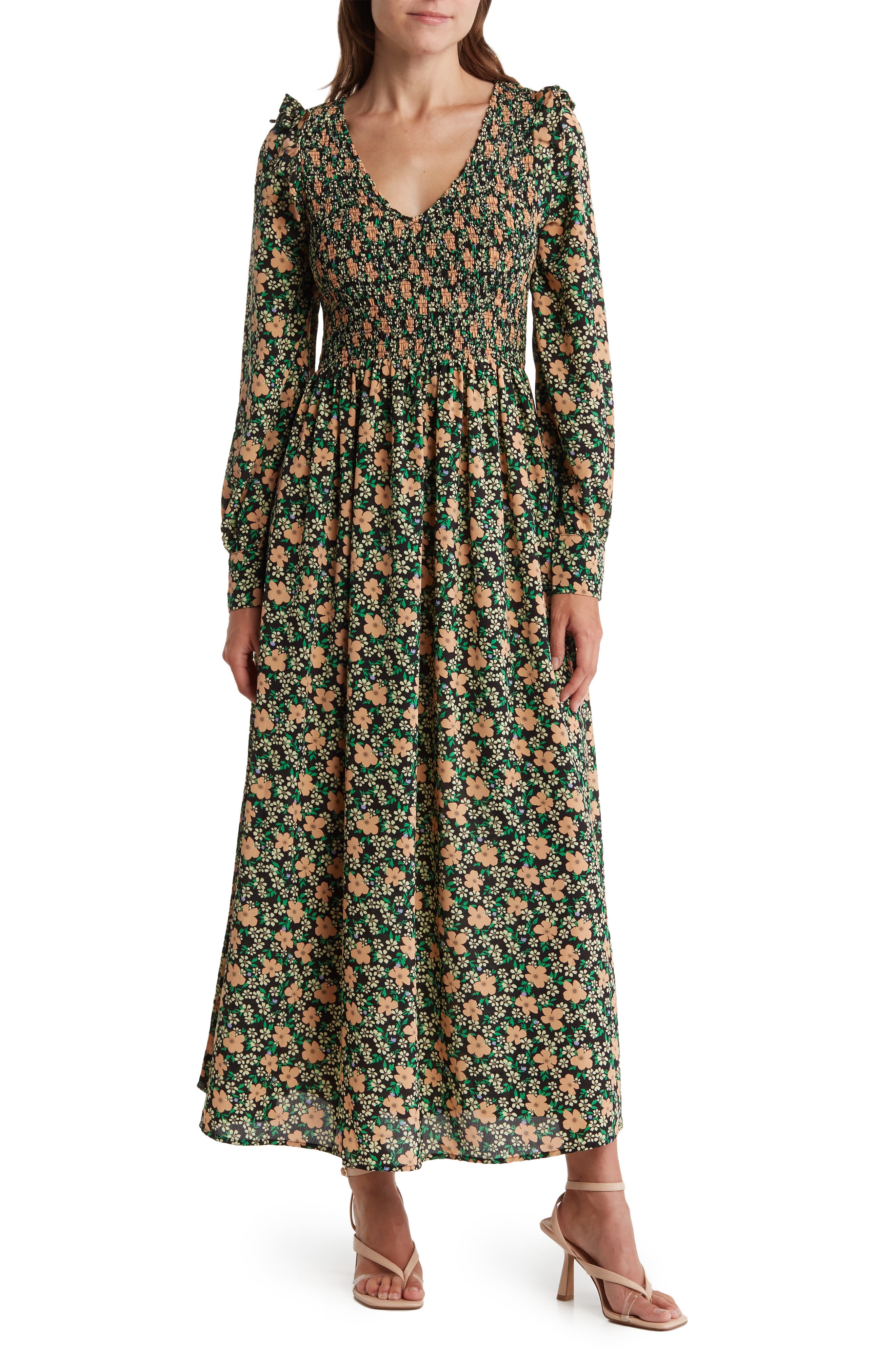 Присборенное платье макси с длинными рукавами и цветочным принтом MELLODAY