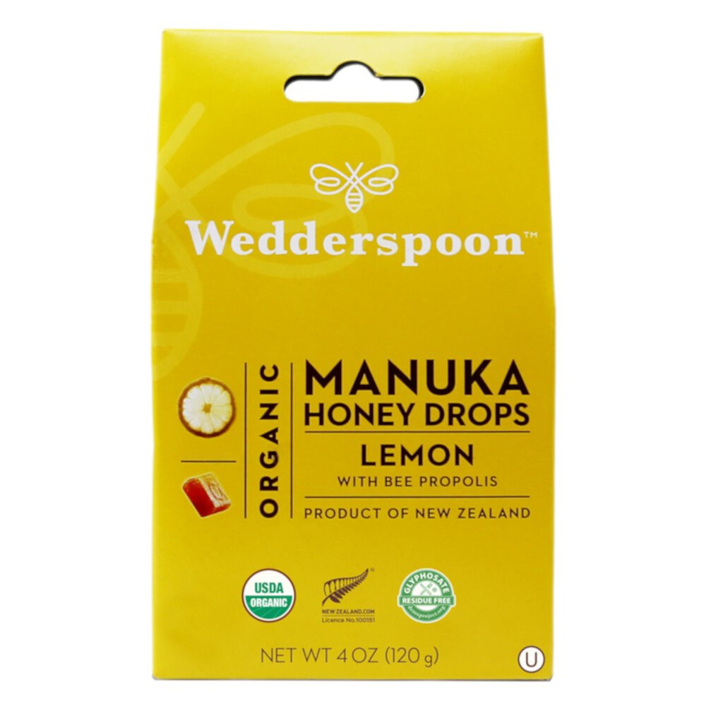 Organic Manuka Honey Drops (Капли) with Bee Propolis Lemon -- 4 oz (Унции) Wedderspoon