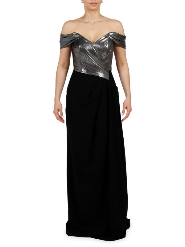 Платье с металлическим отливом и открытыми плечами Rene Ruiz Collection