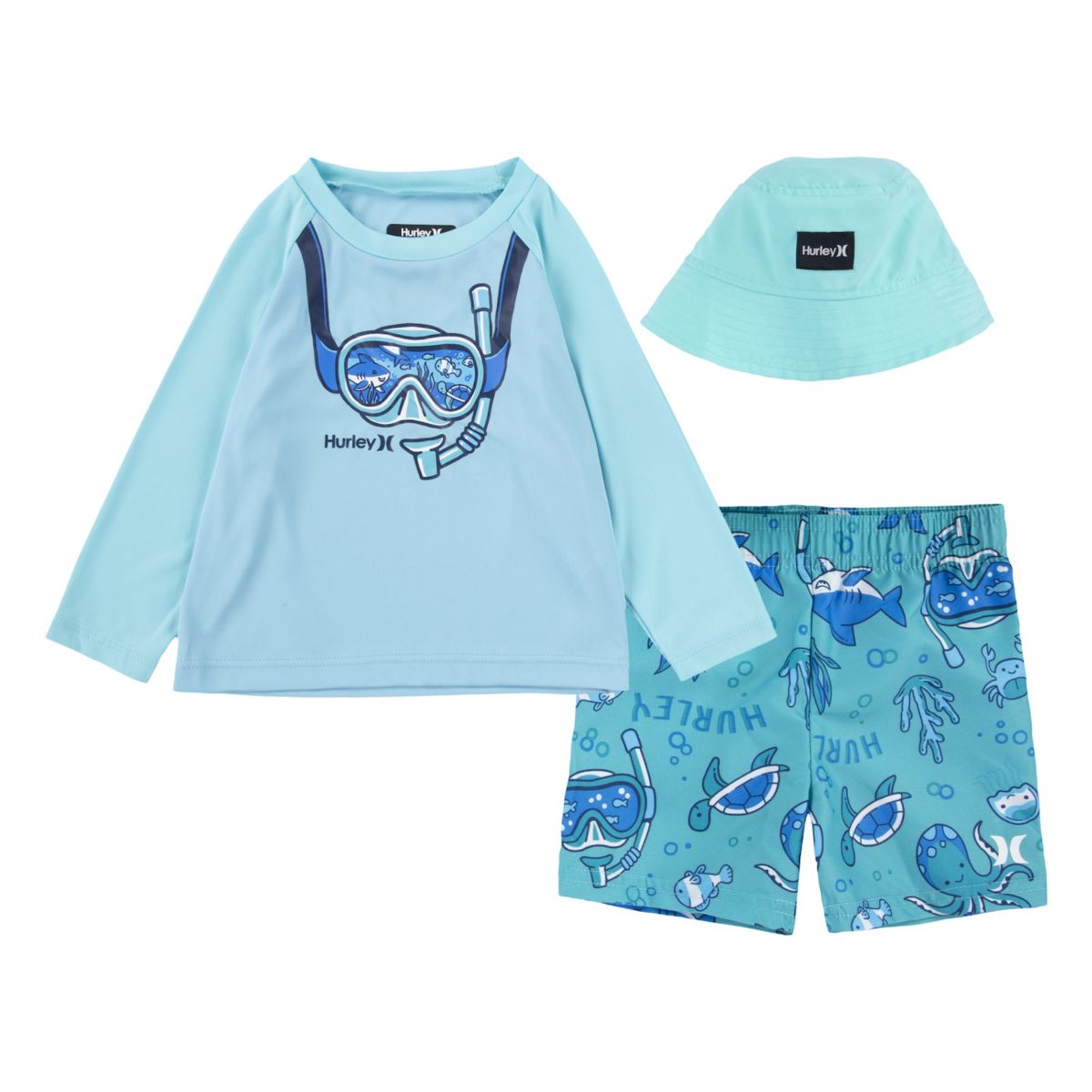 Детская пляжная одежда Hurley Для мальчиков Scuba Raglan Rash Guard Hat & Swim Trunks Set Hurley