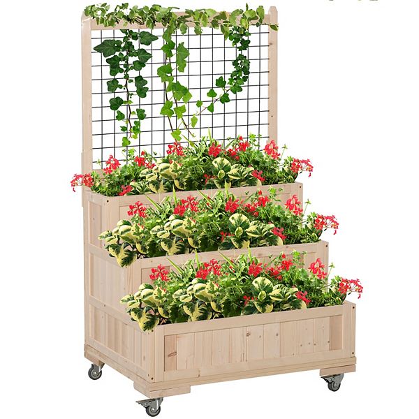 Outsunny 3 Tiers Wooden Raised Garden Bed with Wheels Trellis Back Storage Area Easy Movable for Flowers Herbs Natural Outsunny