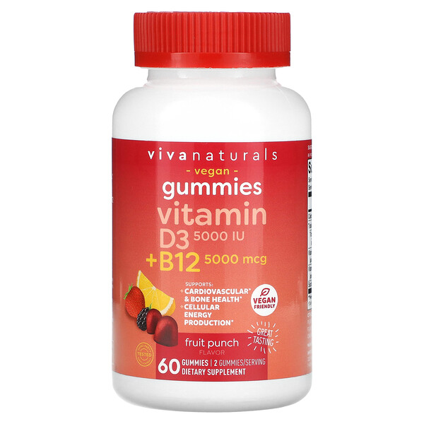 Витамин D3 + B12, фруктовый пунш, 60 жевательных конфет Viva Naturals