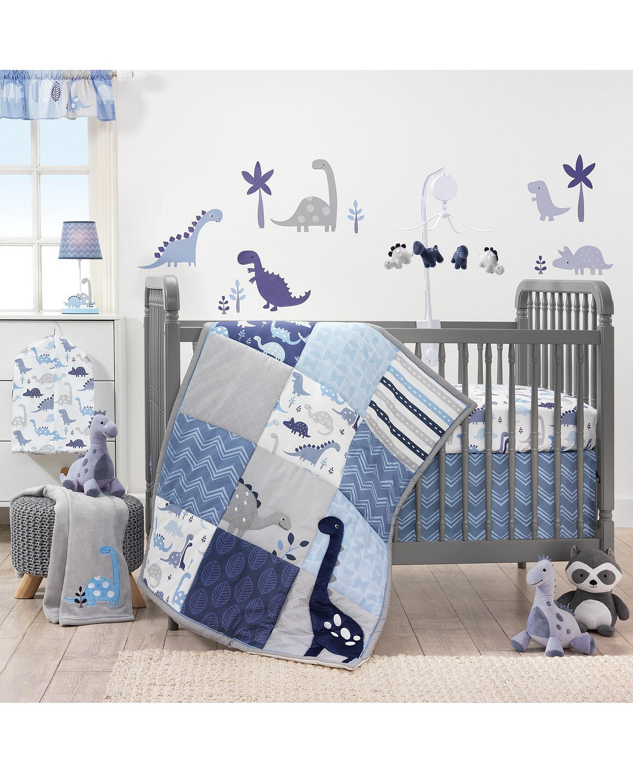 Roar Blue/Gray/White Dinosaur 6-Piece Nursery Baby Crib Bedding Set Bedtime Originals