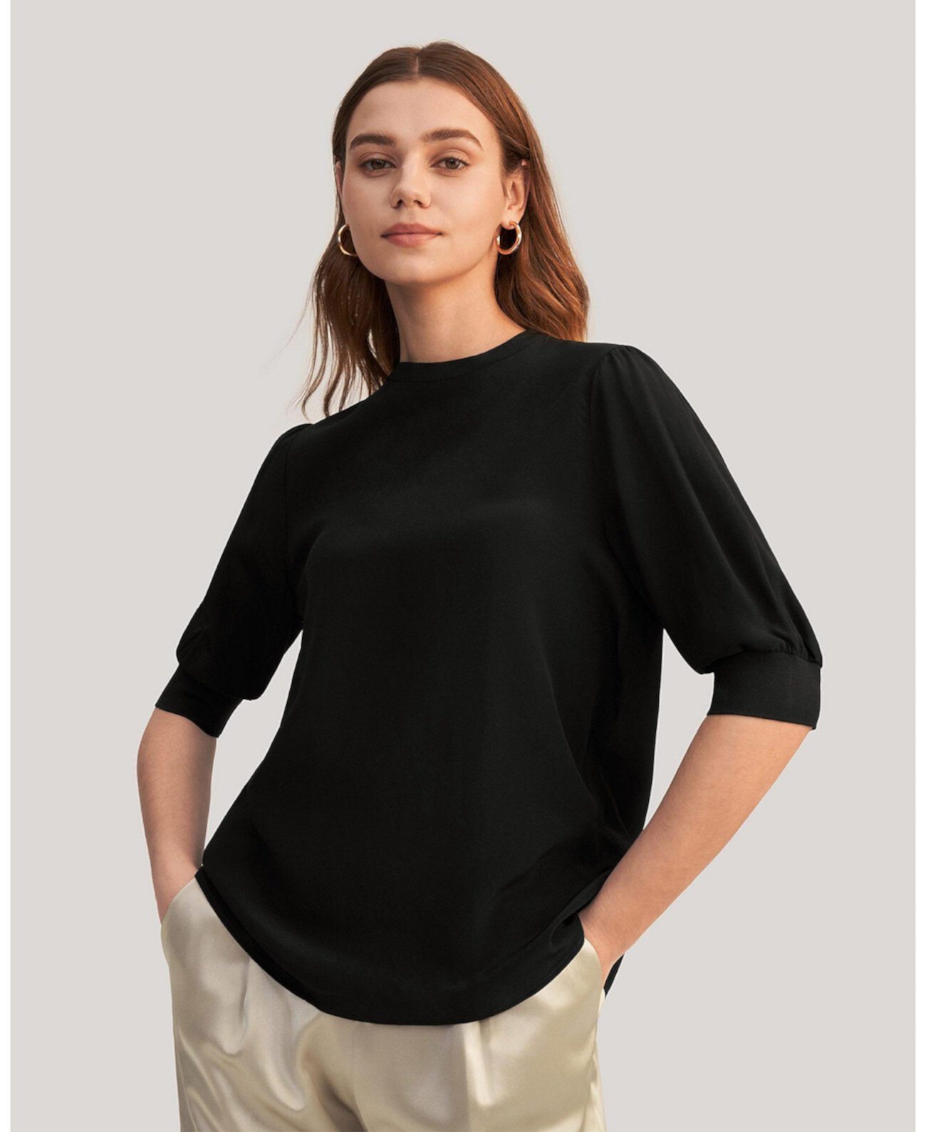 Женская элегантная повседневная шелковая футболка с манжетами в рубчик LILYSILK