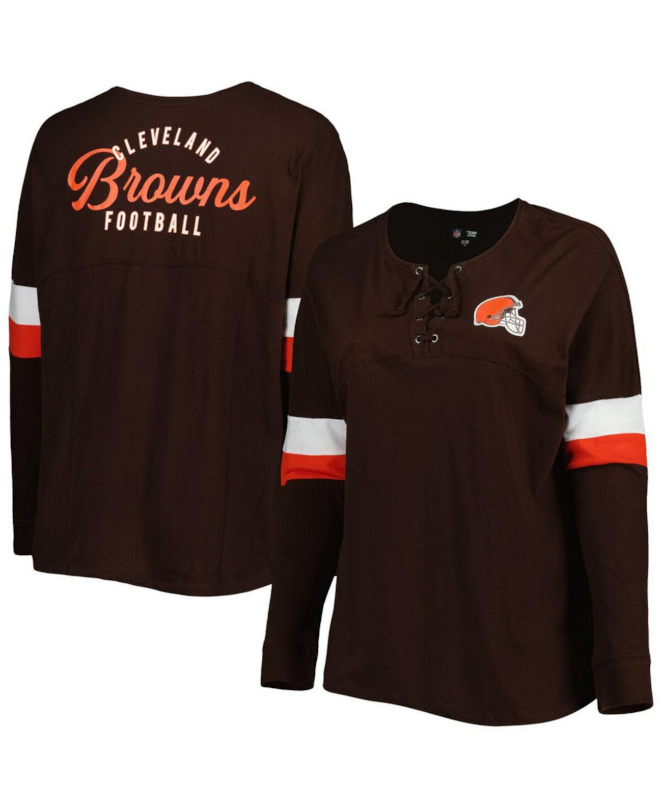 Женская коричневая футболка Cleveland Browns Plus Size со шнуровкой и длинным рукавом на шнуровке с V-образным вырезом