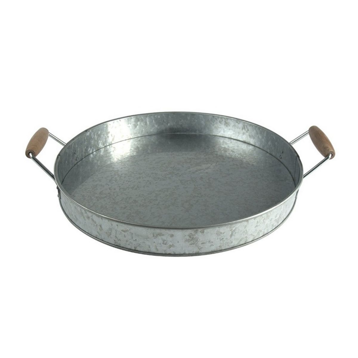 Benzara Round Galvanized Metal Serving Tray With Wooden Handles, Gray Benzara