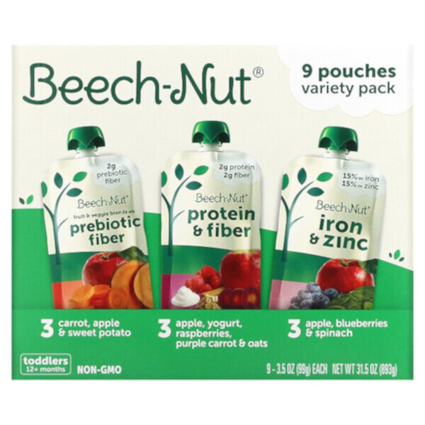 Variety Pack, 12+ Months, 9 Pouches, 3.5 oz (99 g ) Each Beech-Nut