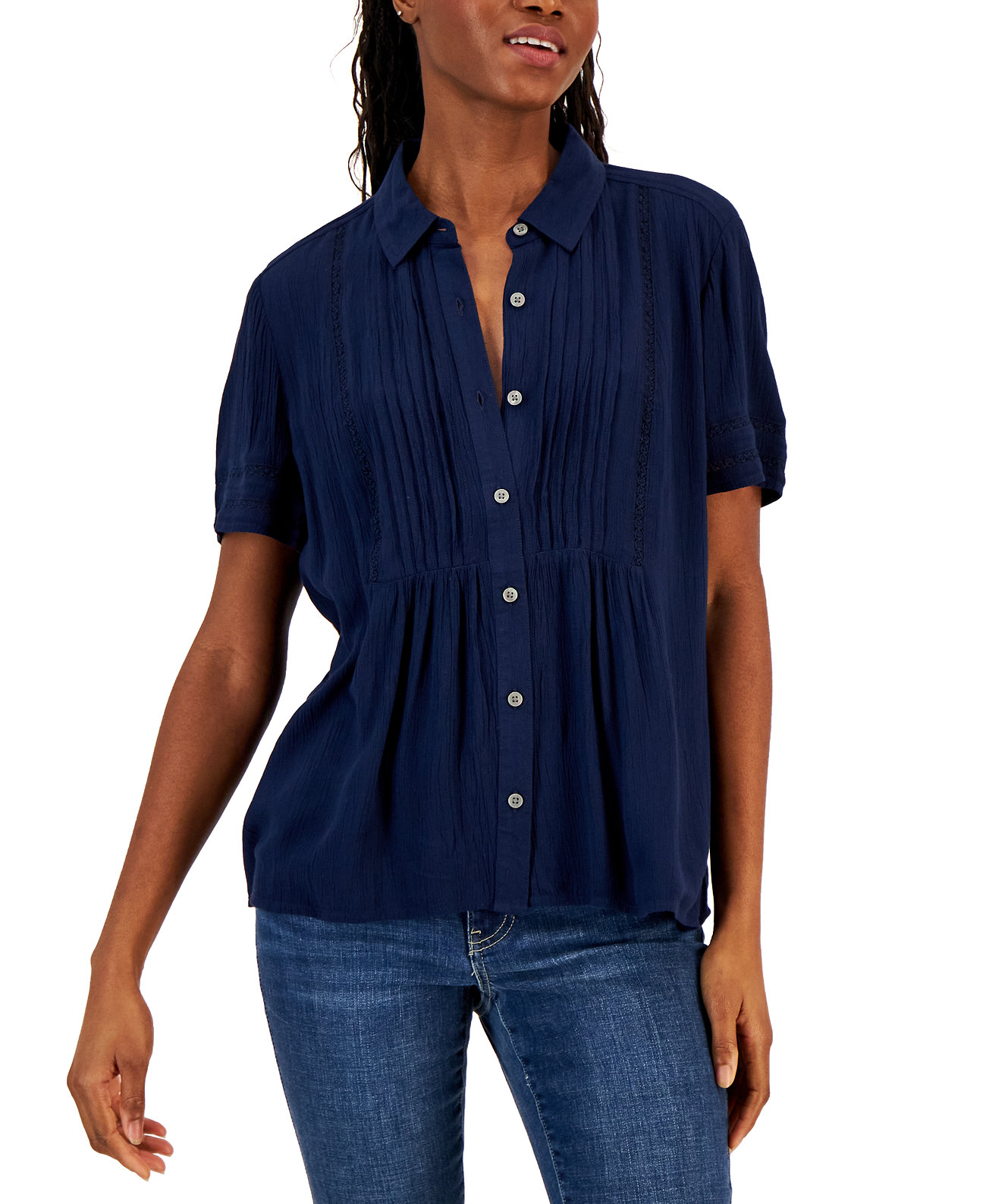 Women's Pintuck Short-Sleeve Button-Front Shirt, Created for Macy's Style & Co