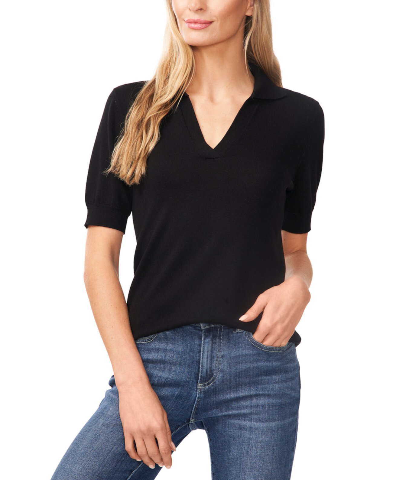 Women's Short Sleeve Collared Polo V-Neck Sweater CeCe