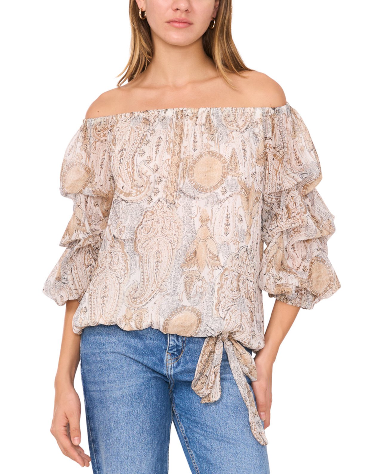 Women's Paisley Off The Shoulder Bubble Sleeve Tie Front Blouse Vince Camuto