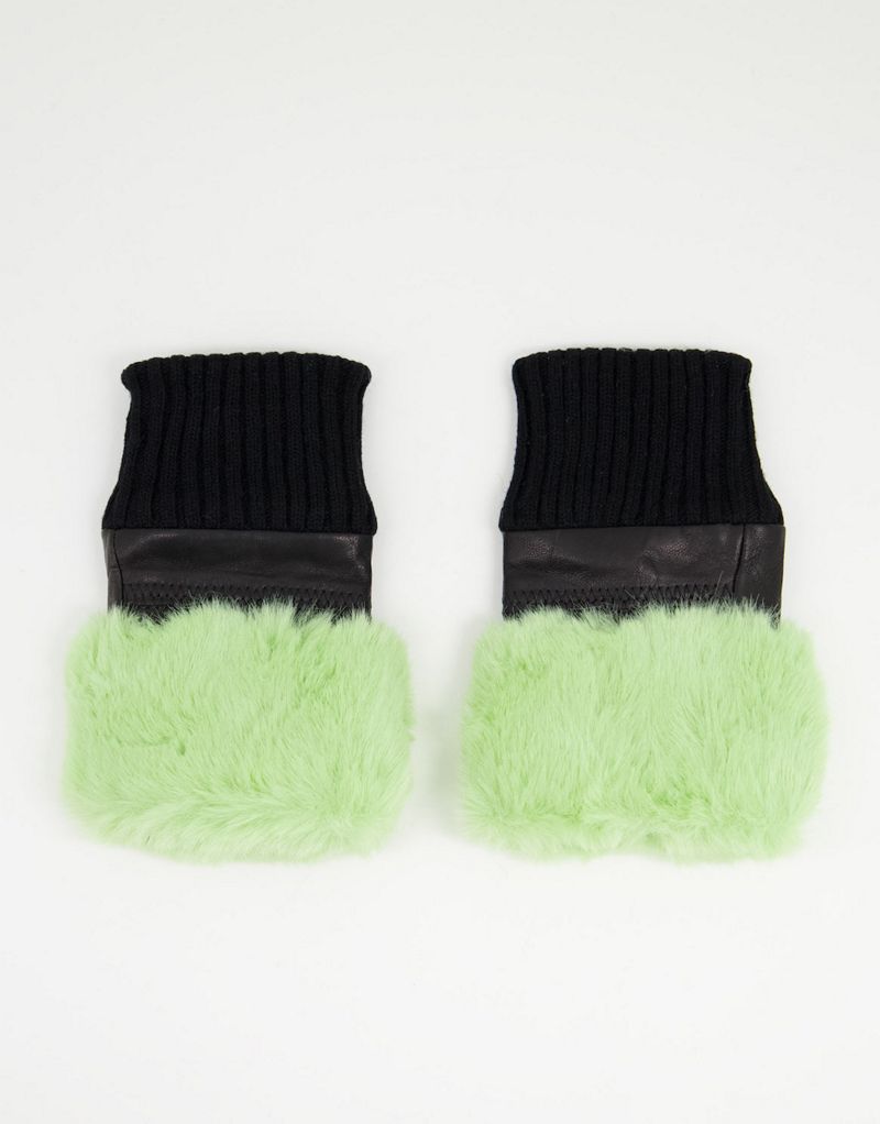 Зеленые кожаные перчатки без пальцев с отделкой искусственным мехом Jayley Jayley