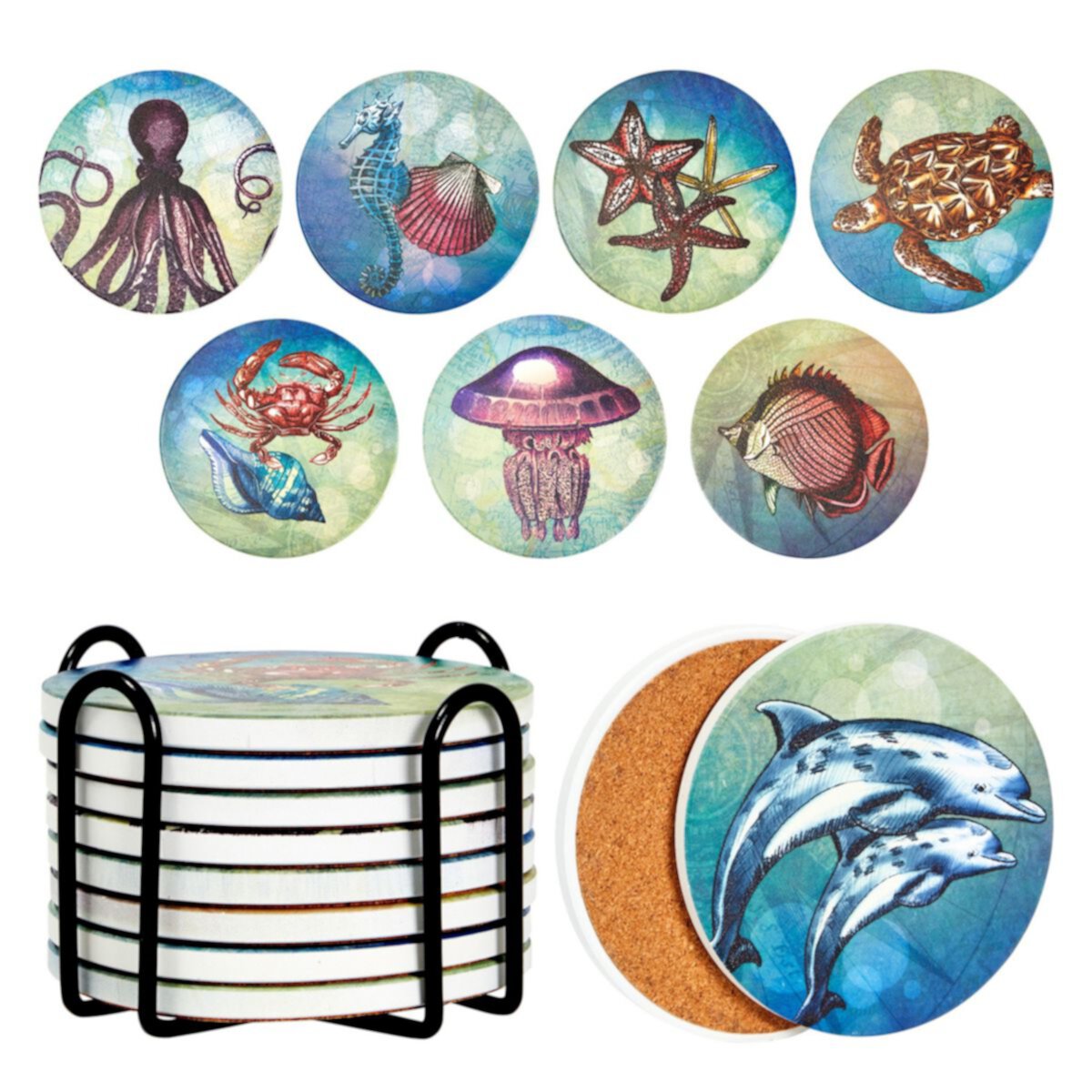 Набор из 8 керамических подставок для напитков с изображением океанских животных с держателем и пробковой основой (4 дюйма) Okuna Outpost
