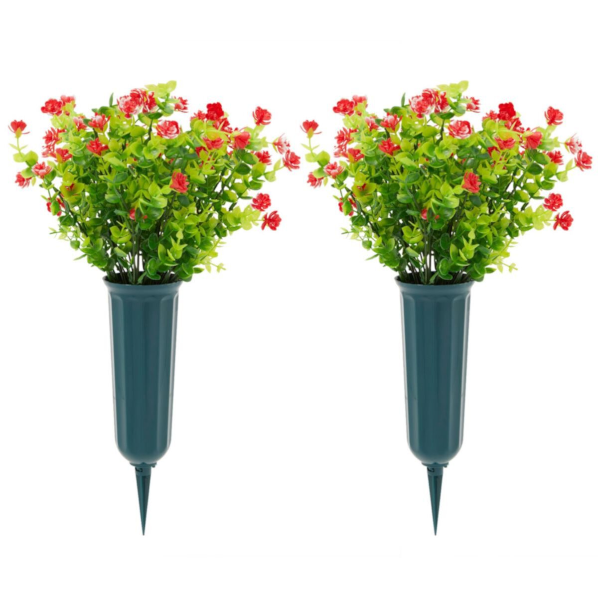 Red Artificial Flowers for Cemetery with 2 Cone Vases, Small Bouquets for Grave Decorations (8.6 x 13 Inches, 6 Bundles) Bright Creations