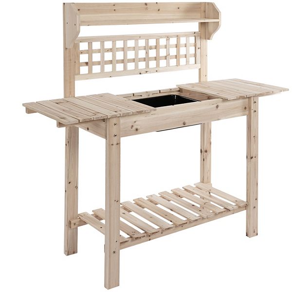 Outsunny 39'' Wooden Garden Potting Bench Work Table with Hidden Storage Sliding Tabletop Below Clapboard Upper Shelf Natural Outsunny