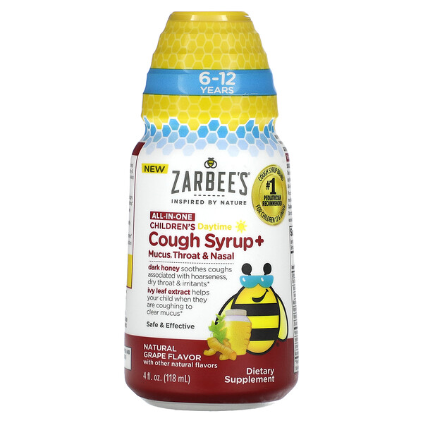 Children's Daytime, Cough Syrup + Mucus, Throat &amp; Nasal, 6-12 Years, Natural Grape, 4 fl oz (118 ml) Zarbee's