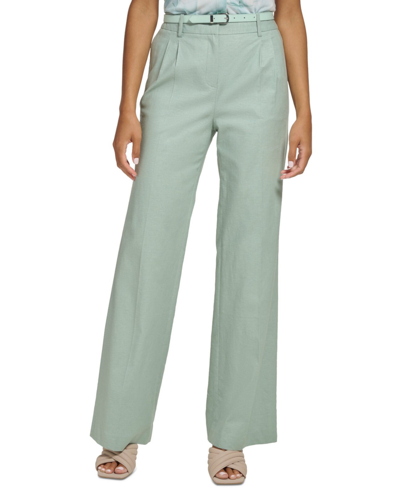 Женские широкие брюки из смесовой льняной ткани с поясом Calvin Klein